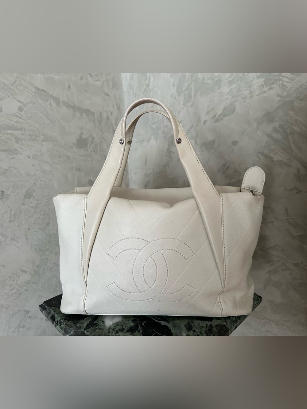 CHANEL Cream Quilted Leather Double C Tote